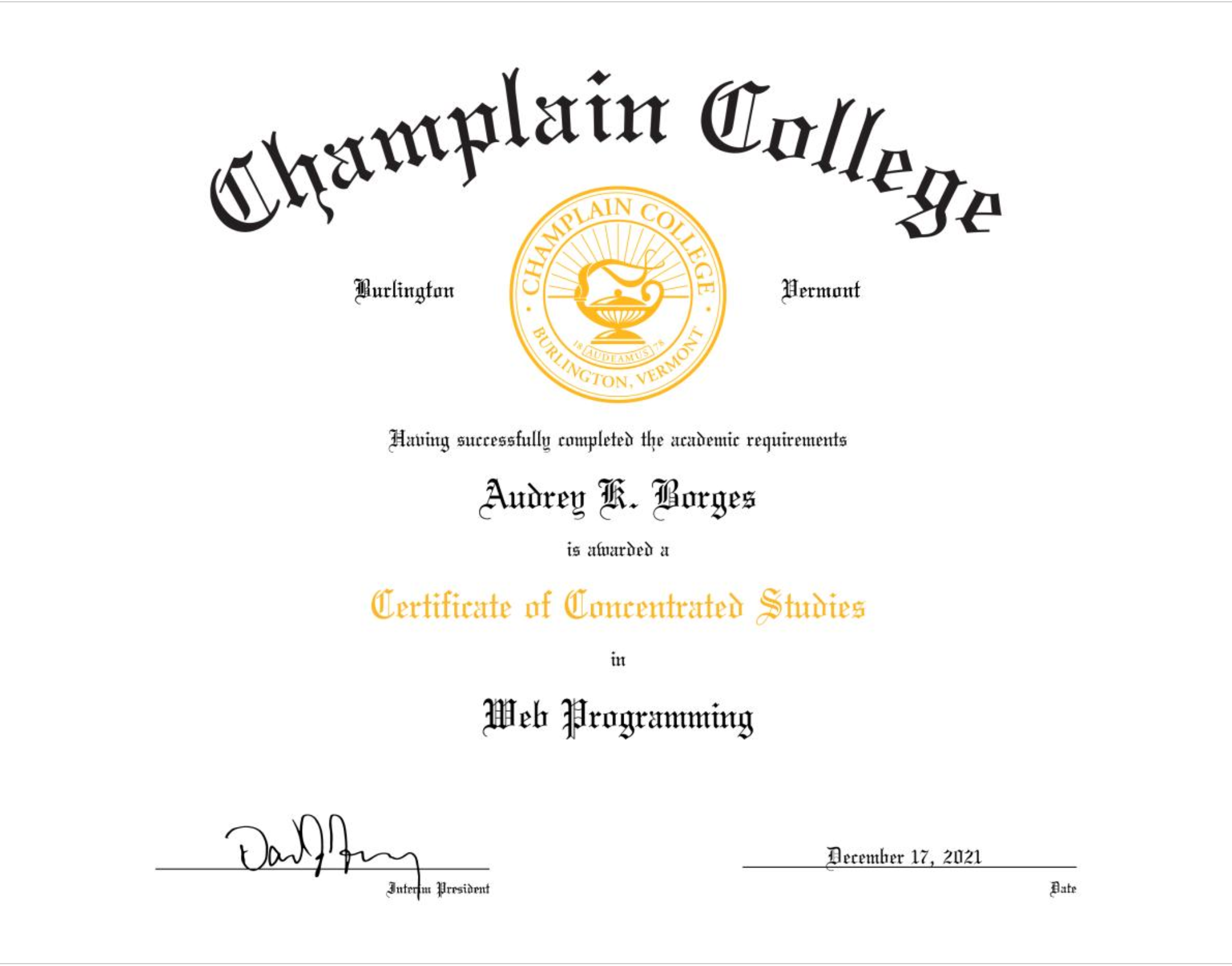 Champlain College Certificate of 
                Concentrated Studies in Web Programming